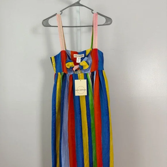 Mara Hoffman Striped Maxi Dress Tie Front Linen Blue Yellow Red Green Size 4 - Picture 2 of 9
